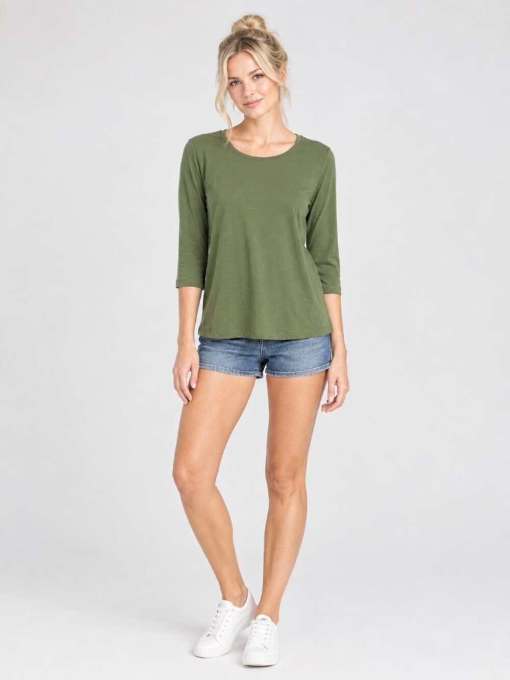 2/$30 Chico's Lily Scoop Top 3/4 Sleeve Olive Green 8 #A4895